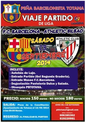 TODAVÍA QUEDAN PLAZAS DISPONIBLES PARA EL VIAJE AL PARTIDO FC BARCELONA  ATH. BILBAO